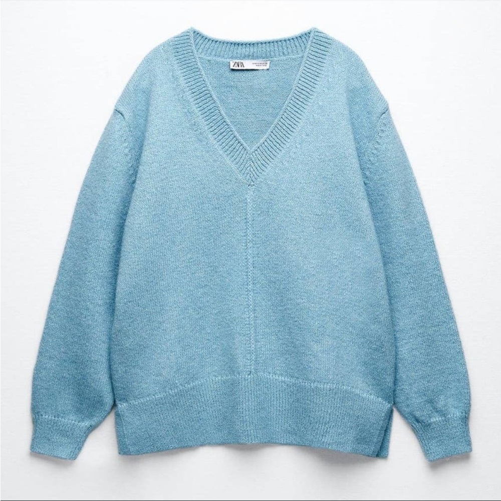 Zara Light Blue V-Neck Knit Sweater